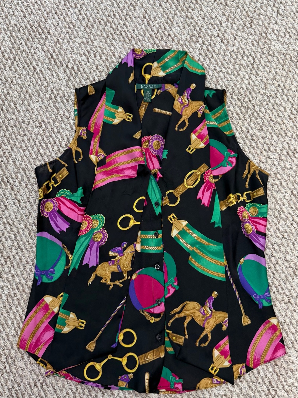 Lauren Ralph Lauren Equestrian Blouse Sz 10 Black Horse Bit Ribbon Tie Neck Top - Picture 8 of 13